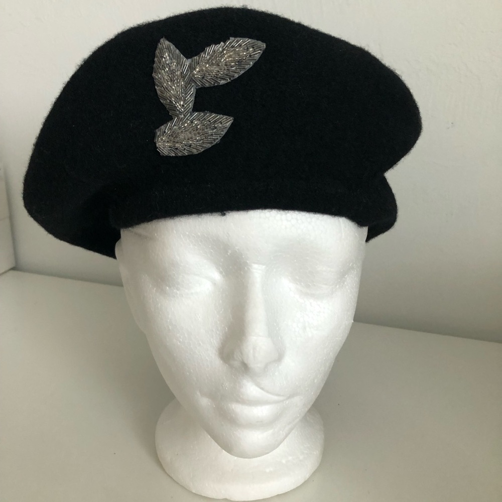 Vintage Arlin Black Wool Beret with Silver Leaf Beading